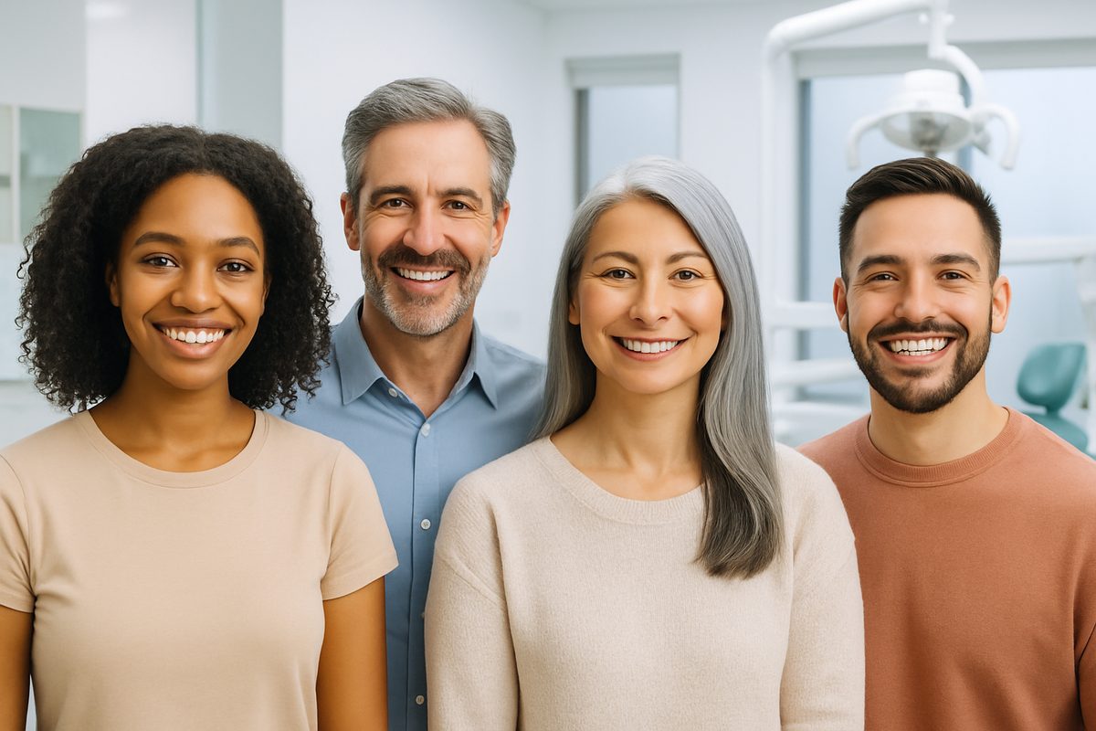 Image of a diverse group of people smiling confidently, showcasing various affordable dental implant options. The image should be bright and welcoming, with a modern dental office in the background. No text on image.