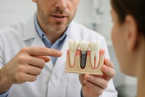 Close up image of a dentist pointing to a 3D rendered jaw with a molar implant in place. The dentist is explaining the process to a patient, with emphasis on the implant site and surrounding bone structure. No text on image.