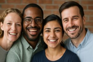 Image of a diverse group of people smiling with natural looking teeth. No text on image.