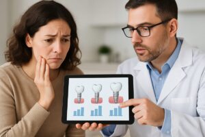 A concerned woman looks at dental implant options on a tablet with a dentist. The tablet displays cost comparisons. No text on image.