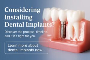 Image of a dentist smiling while installing a dental implant in a patient's mouth. The dentist is using a surgical drill to place the implant. The patient is relaxed and comfortable. No text on the image.
