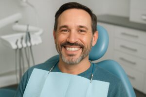 A person in a dentist's chair is smiling confidently after receiving dental implants, showcasing a natural-looking and complete set of teeth.
