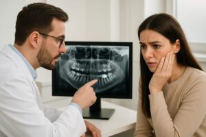 A dentist is consulting with a patient about tooth surgery. The dentist is pointing to a scan of the patient's teeth, while the patient looks concerned. No text on the image.