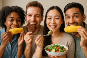 Photo depicting a diverse group of people smiling and eating a variety of foods such as corn on the cob, steak, and salad, emphasizing the importance of good oral hygiene to prevent food from getting stuck in their teeth. The overall tone should be lighthearted and encouraging. No text on image.