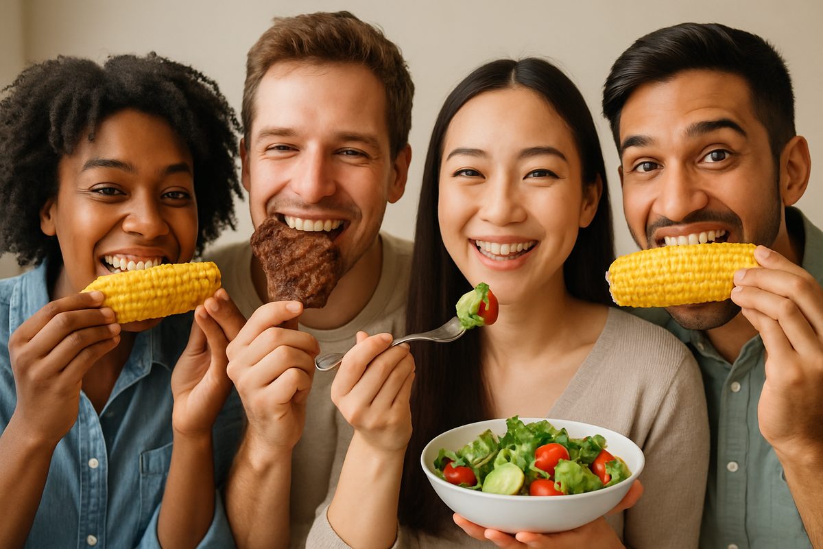 Photo depicting a diverse group of people smiling and eating a variety of foods such as corn on the cob, steak, and salad, emphasizing the importance of good oral hygiene to prevent food from getting stuck in their teeth. The overall tone should be lighthearted and encouraging. No text on image.