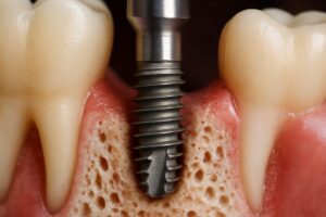 Close up view of a dental implant screw being implanted into a human jaw bone. No text on image.