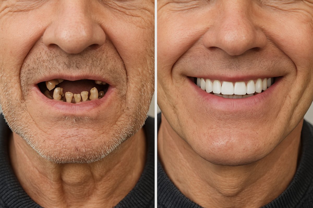 A before-and-after image showcasing a patient's smile transformation with a whole set of teeth implants. The 'before' side shows damaged or missing teeth, while the 'after' side reveals a complete, natural-looking smile with implants. No text on image.