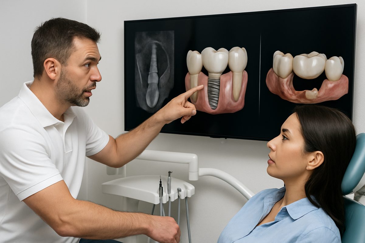 A dentist is explaining the dental implantation procedure on a digital screen with 3D scans to a patient in a dental chair. No text on image.