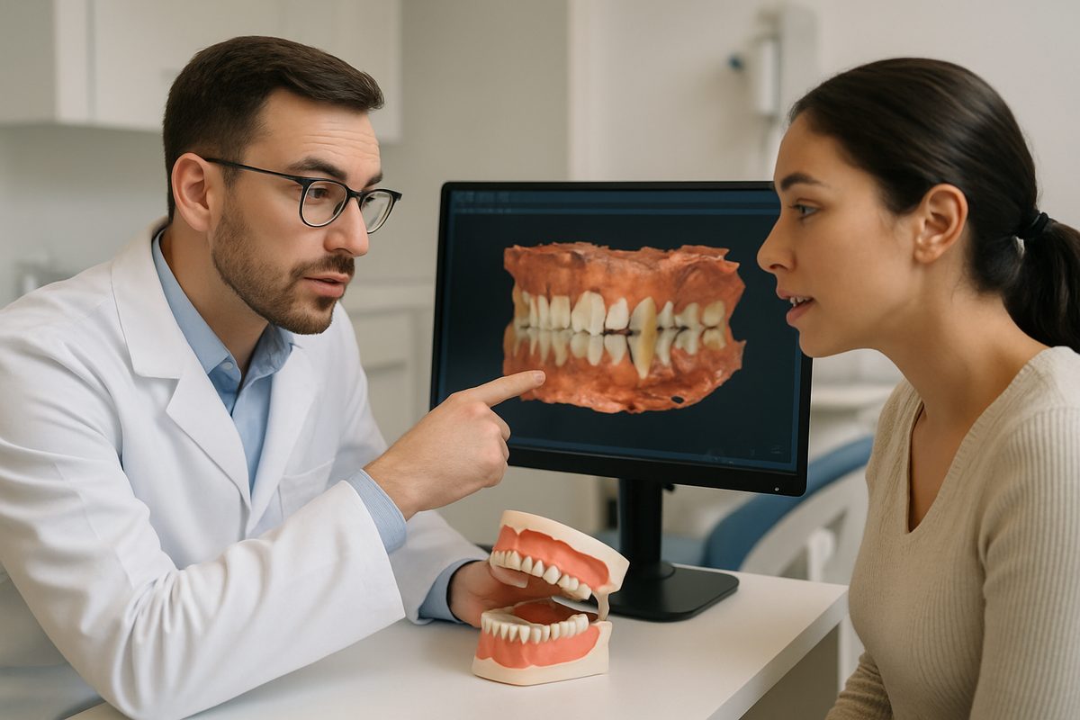A dentist is consulting with a patient, showing them a 3D scan of their mouth and discussing teeth surgery options. No text on the image.