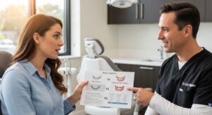 Patient discussing affordable braces options with dentist in a modern clinic