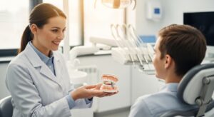 Dentist consults with patient about fake teeth implants in a modern dental office.