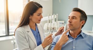 Patient consultation with dentist about numb teeth in a modern dental office.