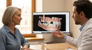 Patient consulting with dentist about affordable dental implants in a modern office