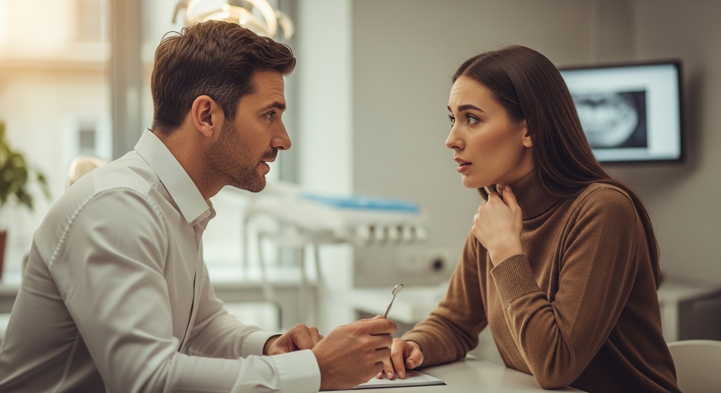 Dentist consulting a patient about a numb tooth in a modern dental office.