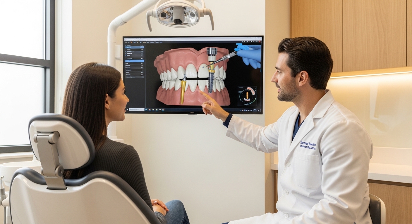 Dentist explaining dental implants to a patient in a bright, modern office