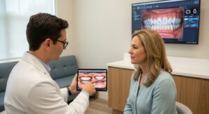 Dentist explaining veneers to a patient in Dallas dental office