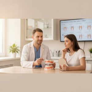 Dentist explaining wisdom teeth removal to a patient with a dental model.