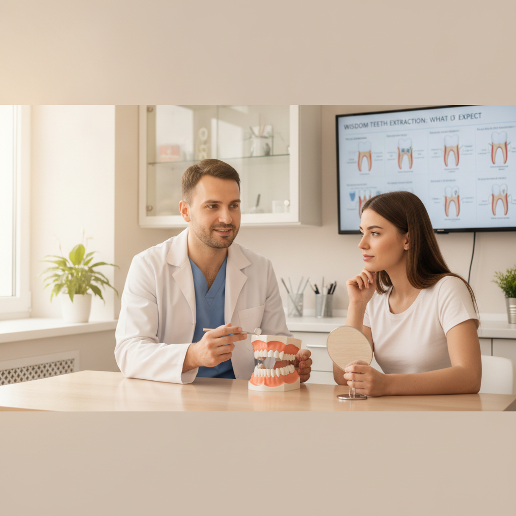 Dentist explaining wisdom teeth removal to a patient with a dental model.