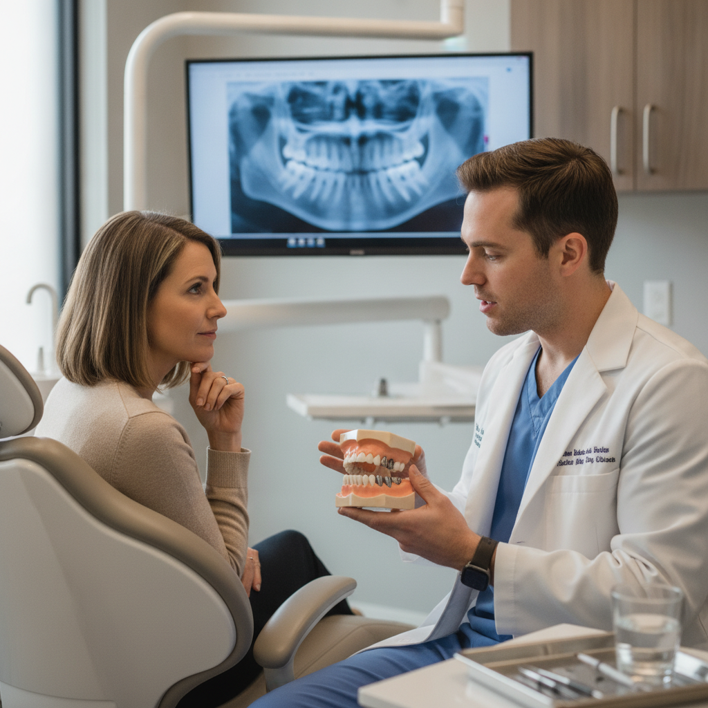 Dentist explaining dental implant procedure to a patient in Dallas, TX.