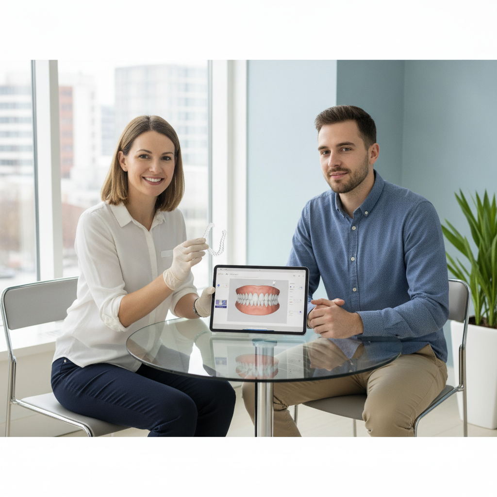 Dentist discussing Invisalign treatment with a patient at a dental office